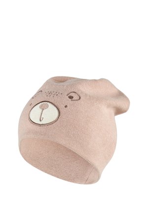 Light brown children’s beanie hat with a cute embroidered bear face on the front, shown against a white background.