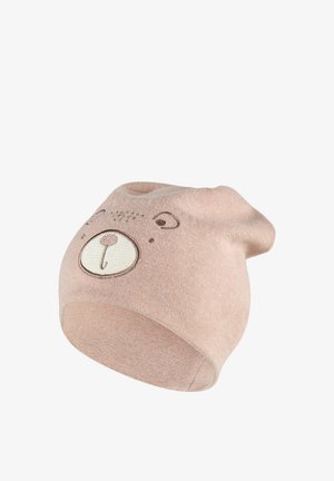 Light brown children’s beanie hat with a cute embroidered bear face on the front, shown against a white background.