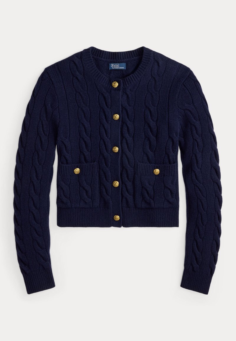Navy blue cable knit cardigan with gold buttons down front and on two front pockets, long sleeves, and ribbed cuffs and hem.