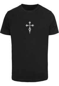Black cotton t-shirt featuring a white graphic of a stylized cross on the chest. Short sleeves, crew neck design, standard fit.