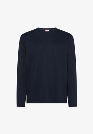T-shirt a maniche lunghe blu navy realizzato in cotone morbido, con scollatura a girocollo e vestibilità rilassata. Design minimalista senza motivi o dettagli visibili.
