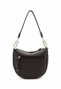 Bruine leren schoudertas met een gebogen vorm, gestructureerd oppervlak, ritssluiting aan de bovenkant en een ritszak aan de buitenkant. Voorzien van hardware in gouden tint.