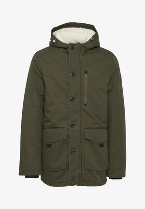 Olive green, hooded jacket with button front, two large front pockets, and a zippered chest pocket. Features a soft, fleece lining.