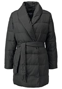 Tummanharmaa toppatakki, jossa huivikrauske, pitkät hihat, vyöllinen vyötärö ja tikattu eristyskuvio. Sileä kangaspinta.