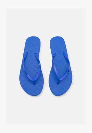 Blue rubber flip-flops with a textured footbed, V-shaped straps, and circular logo pattern on the sole.