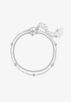 Zilveren armband met twee verweven kettingen, bolvormige accenten, een sluiting en een decoratieve ketting met twee bladeren vormen charms.