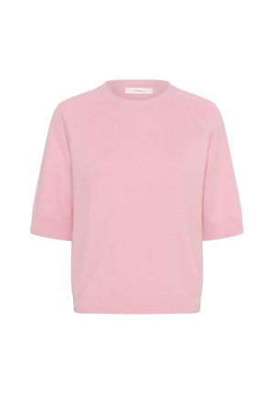 Suéter de punto corto de manga corta en suave color rosa con cuello redondo, puños y dobladillo acanalados, presentado sobre un fondo blanco.