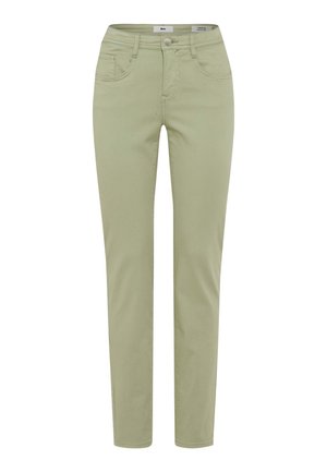 Lysgrønne slim-fit bukser i bomuldsblanding med fem lommer, frontlukning med knap og bæltestropper. Glat tekstur og lige ben.
