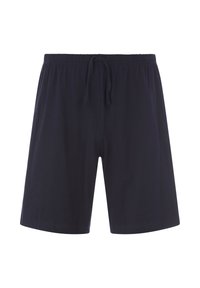 Navy blue cotton shorts with an elastic waistband, adjustable drawstring, and straight-cut legs. Smooth texture, no patterns or accents.