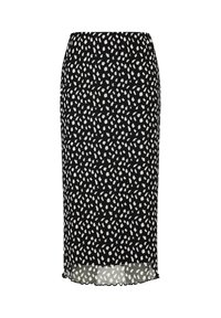 Jupe crayon noire avec un motif de points abstraits blancs, réalisée en tissu léger avec un léger éclat et un ourlet en forme de scallop.