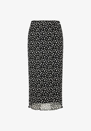 Schwarzer Bleistiftrock mit einem weißen, abstrakten Punktmuster, aus leichtem Stoff mit leichtem Glanz und gewelltem Saum.