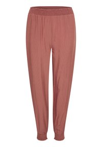 Roze, lichtgewicht broeken met een gerimpelde tailleband en gathered cuffs; heeft een gestructureerd oppervlak en een losse pasvorm.