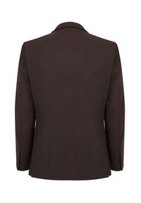 Blazer marrone su misura con collo a punte, spacchetto singolo sul retro e quattro polsini con bottoni. Tessuto liscio e design strutturato.
