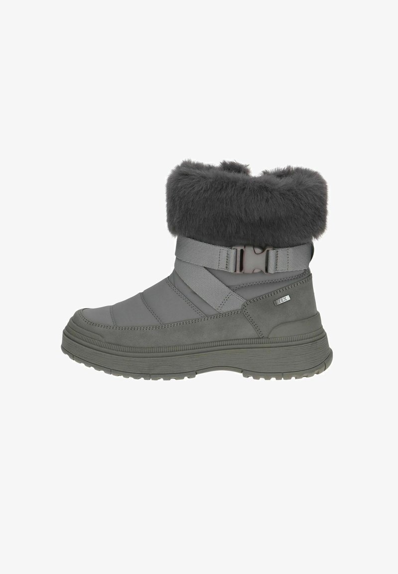 Graue wasserdichte Knöchelstiefel mit Kunstfellbesatz, gestepptem Obermaterial, Schnallenakzenten und strukturiertem Absatz für guten Halt. Strapazierfähige Ausführung, geeignet für den Winter.