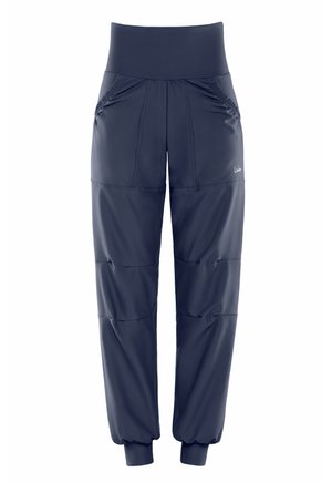 Navy-blue athletic pants with a high elastic waistband, featuring gathered side pockets and tapered cuffs. Smooth, lightweight fabric.