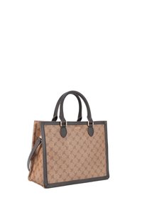 Bolso tote marrón con patrón y acabado liso, detalles en cuero gris oscuro, asas dobles en la parte superior y una correa para el hombro desmontable.