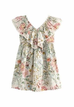 Biała sukienka w kwiaty w odcieniach różu, żółci i zieleni, z ramiączkami opadającymi na ramiona, falbanami przy dekolcie oraz ze zgromadzonym w talii fasonem, idealna dla dziewczynek.