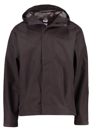Chaqueta impermeable negra con capucha, cremallera frontal y forro de malla. Mangas largas con puños ajustables y detalle del logo en el pecho.