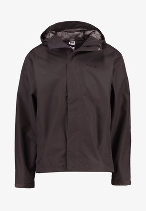 Black waterproof jacket featuring a hood, front zipper, and mesh lining. Long sleeves with adjustable cuffs and logo detail on the chest.