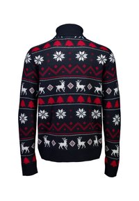 Stickad tröja med en marinblå bas och röda och vita julmönster, inklusive renar, snöflingor och geometriska former. Hög krage.