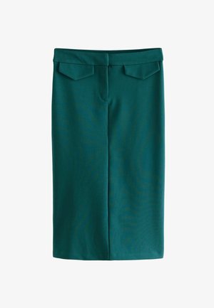 Mėlyna žalsva pieštuko sijonas, pagamintas iš lygaus audinio. Yra prigludusi silueto, dviem užpakalinėmis kišenėmis ir subtilia tekstūra. Tvarkingas kraštas be papuošimų.