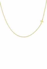 Collar de cadena en tono dorado con un pequeño colgante de cruz minimalista; eslabones lisos con un acabado brillante.
