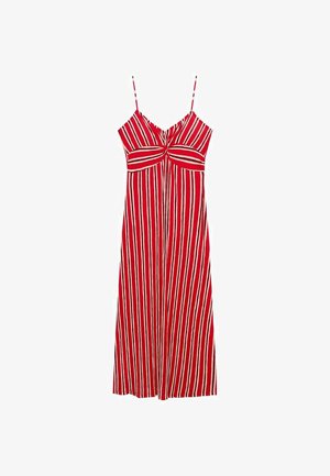 Red and white striped dress with spaghetti straps, featuring a knotted front design and a flowy silhouette. Made from lightweight fabric.