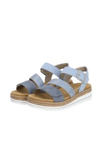Light blue sandals with three textured straps, adjustable buckle, and a cushioned insole, featuring a white rubber sole and woven detailing.