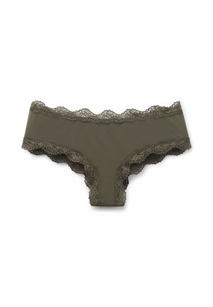Olivově zelené kalhotky s krajkovou ozdobou podél pasu a nohavic, mají hladkou texturu a krajkový volánkový detail.