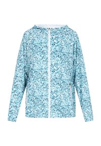 Jachetă ușoară cu fermoar, cu un model floral în nuanțe de albastru și verde, având mâneci lungi și guler rotund.