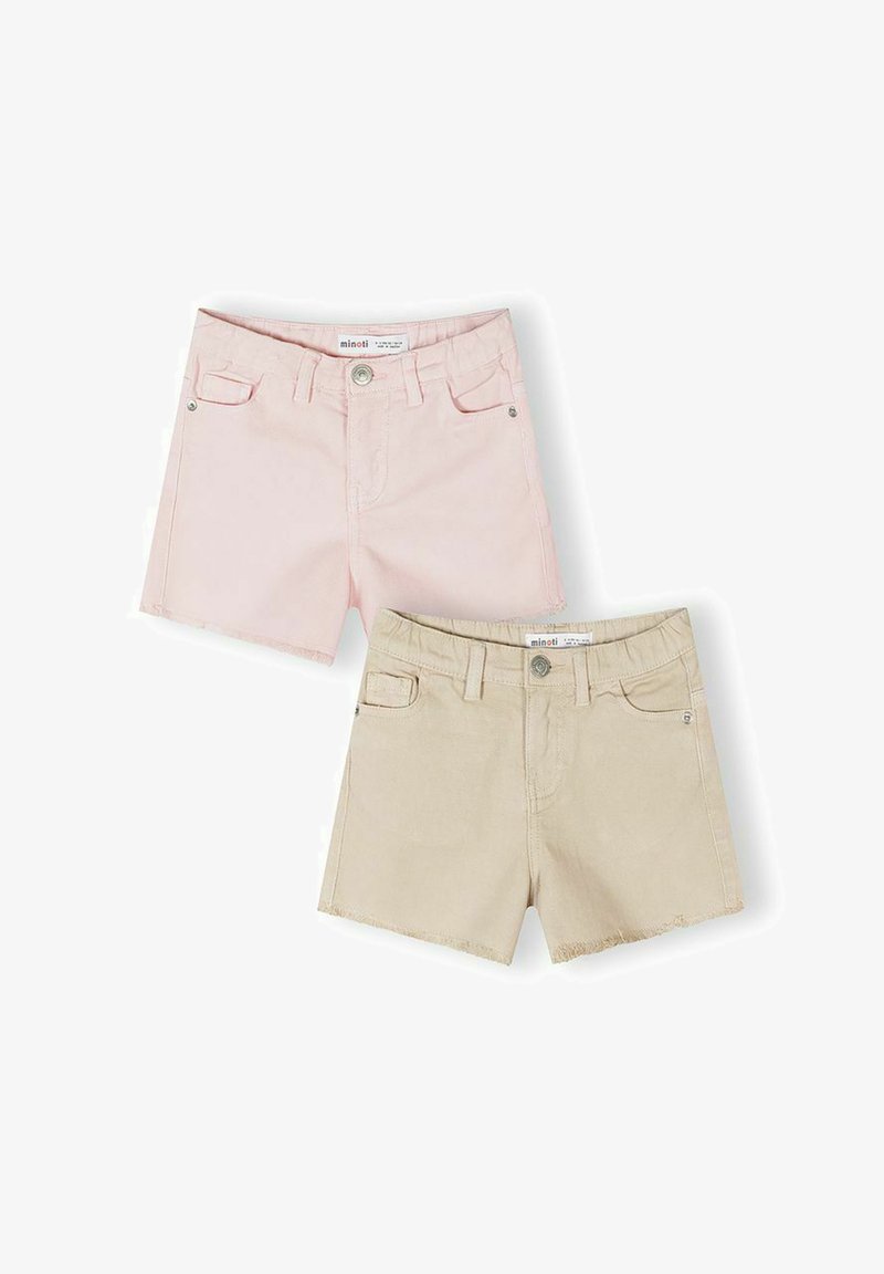 Deux paires de shorts en jean pour enfants, l'une rose clair et l'autre beige, chacune avec des poches avant et une fermeture à bouton.