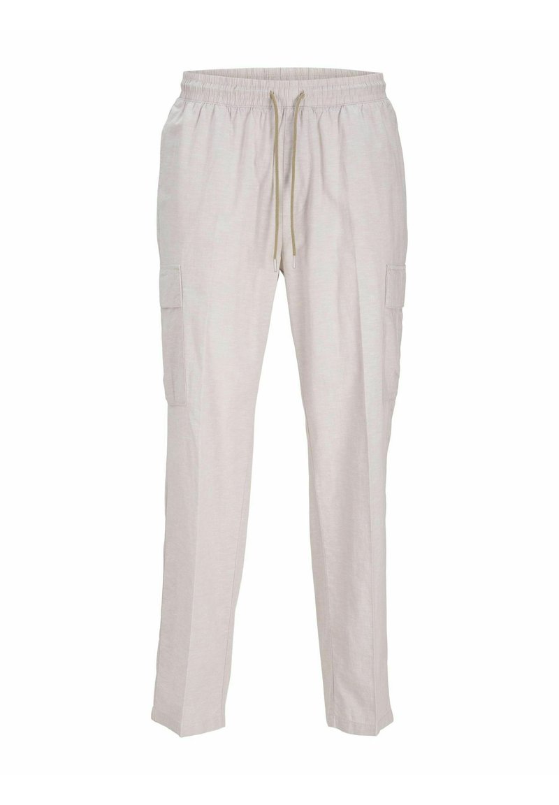 Helle beige Cargo-Hosen mit elastischem Bund, Kordelzug und Seitentaschen. Aus einem weichen, strukturierten Stoff für extra Komfort.
