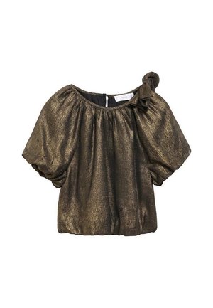 Blouse en bronze métallique à manches bouffantes avec un détail de nœud sur une épaule et ourlet et poignets élastiqués.