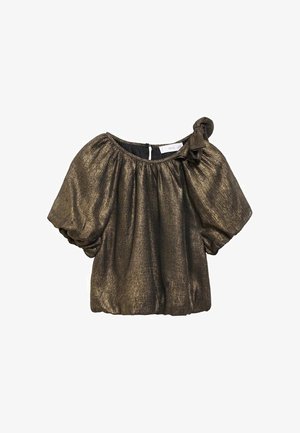 Blusa metálica de bronce con mangas abullonadas, detalle de lazo en un hombro y dobladillo y puños elásticos.