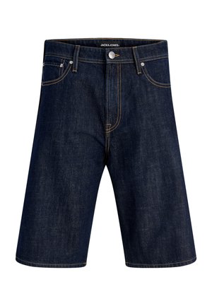 Tumesinised teksapüksid, millel ees nööp, tõmblukk, vööaasad ja viie tasku disain, kontrastsed õmblused ning Jack & Jonesi silt vöörihma siseküljel.