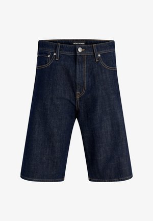 Tummansinisiä denimitrikoot, joissa edessä nappi, vetoketju, vyölenkit ja viiden taskun muotoilu. Yksityiskohdat korostettu kontrastisaumoilla, ja vyötärönauhassa on Jack & Jones -labeli.