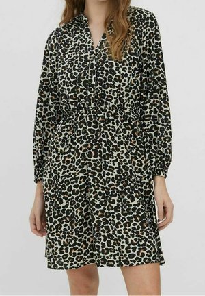 Robe imprimée léopard en tissu léger, avec un col, des manches longues et une taille élastiquée pour un ajustement décontracté.