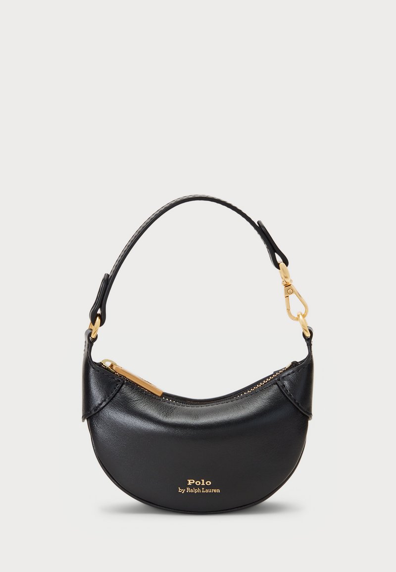 Juodas odinis rankinukas su kreiptos siluetu, metaliniu užtrauktuku ir trumpu rankenu. Su auksinėmis detalėmis ir iškaltu logotipu priekyje.