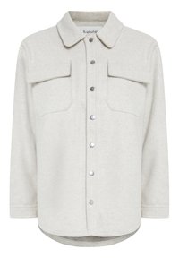 Svetlošedá košele-jacket z mäkkej látky, s golierom, dvoma náprsými vreckami a predným zapínaním na patentky. Mierne zakrivený lem.