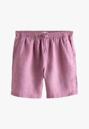 Jasnofioletowe casualowe szorty z elastycznym pasem, regulowanym sznurkiem i dwoma bocznymi kieszeniami na białym tle.