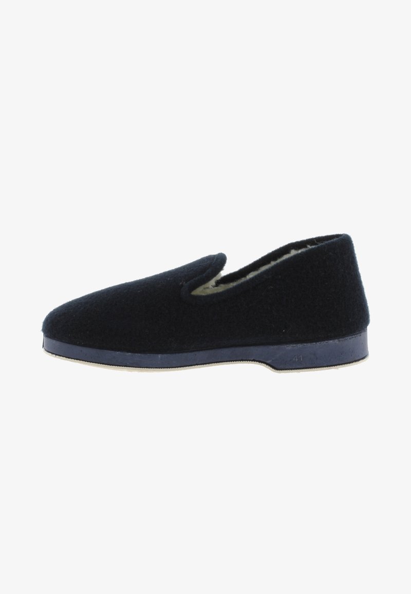 Schwarze Wollschlappen mit einer weichen Textur, runder Zehenform und als Slipper gestalteten Design. Mit einer blauen Sohle und Innenauskleidung für zusätzlichen Komfort. Größe 41.