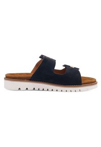 Marineblå ruskinds-sandal med to justerbare remme, brun polstret indersål og hvid rillede gummisål.