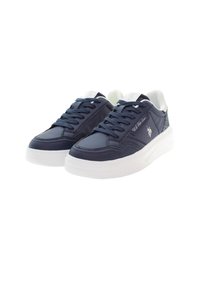 Navy blue sneakers with a smooth leather upper, white rubber sole, rounded toe, lace-up design, and logo detail on the side.