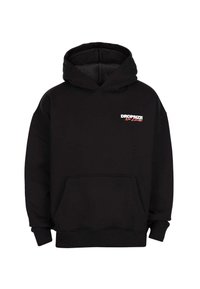 Hoodie noir avec poche avant et texte "DROPSIZE No Limits" en blanc et rouge sur la poitrine gauche, présenté sur un fond blanc.