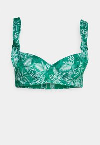Top de bikini com padrão floral em verde, com aros, copos almofadados e alças atadas. Apresenta um fecho de clasp nas costas.