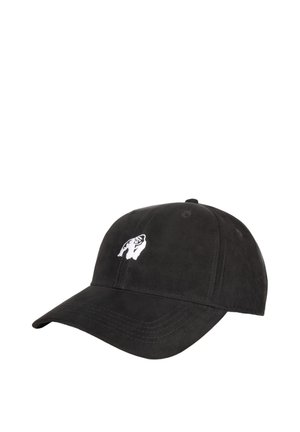 Zwarte suède baseballpet met een klein wit geborduurd gorillalogo op het voorpaneel, gebogen klep en gestikte details.