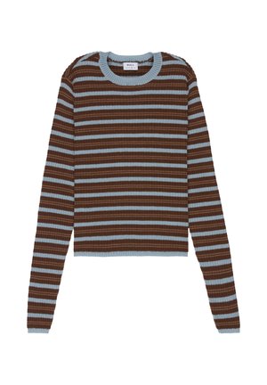 Sweter z dzianiny prążkowanej z długim rękawem, z poziomymi brązowymi i jasnoniebieskimi paskami oraz okrągłym dekoltem.