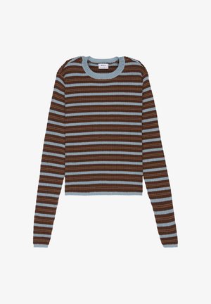 Sweter z dzianiny prążkowanej z długim rękawem, z poziomymi brązowymi i jasnoniebieskimi paskami oraz okrągłym dekoltem.