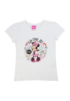 White short-sleeve t-shirt featuring a colorful graphic of a character in pink with text: "Go FOR it!" and various playful doodles.