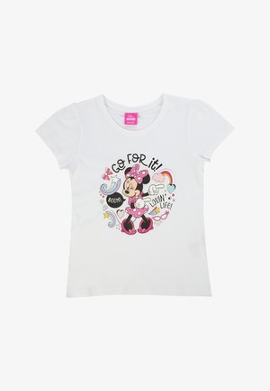 White short-sleeve t-shirt featuring a colorful graphic of a character in pink with text: "Go FOR it!" and various playful doodles.